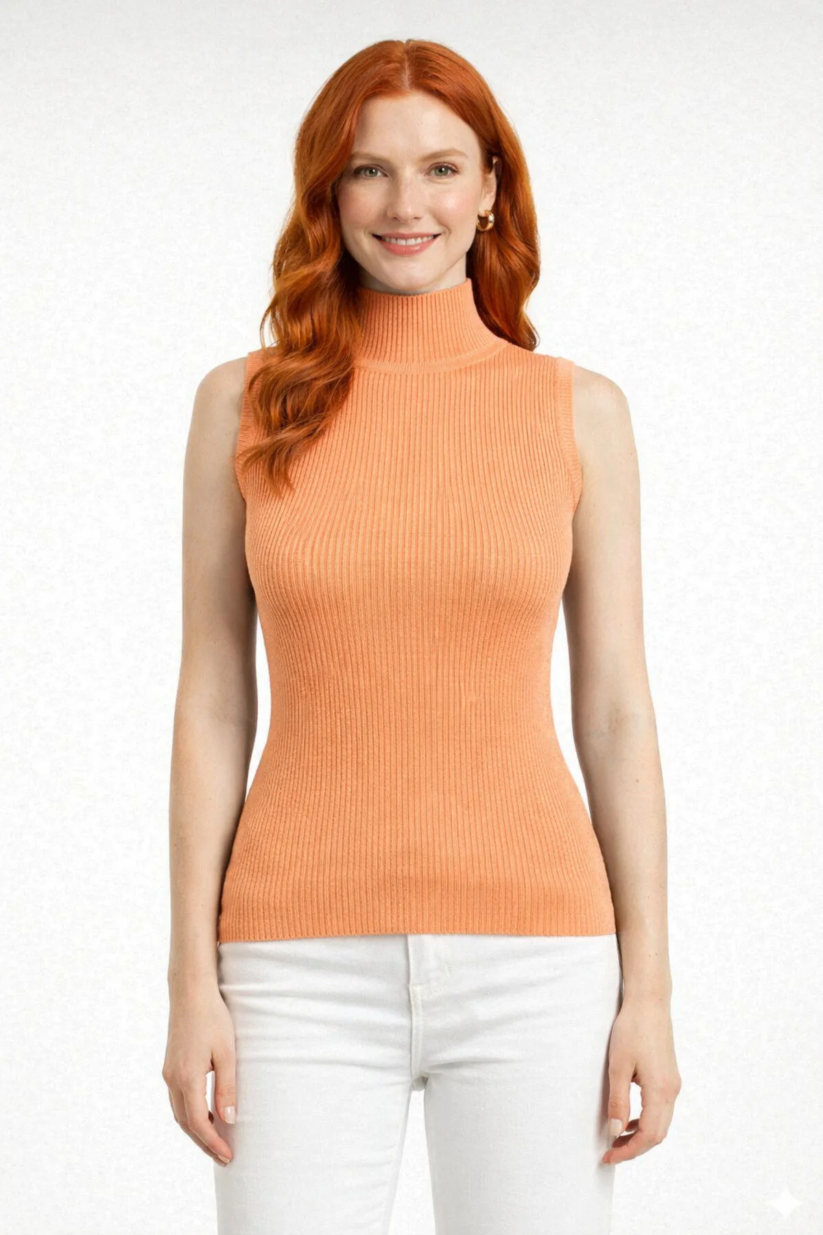 12 Balıkçı Yaka Fitilli Kolsuz Triko Bluz - Somon - Görsel 1