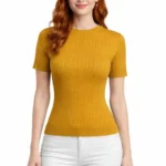 Bisiklet Yaka Fitilli Kısa Kol Triko Bluz - Safran