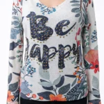 "Be Happy" Yazılı Çiçekli Bluz