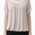 Bej Yaka İşlemeli Balon Etek Şifon Bluz