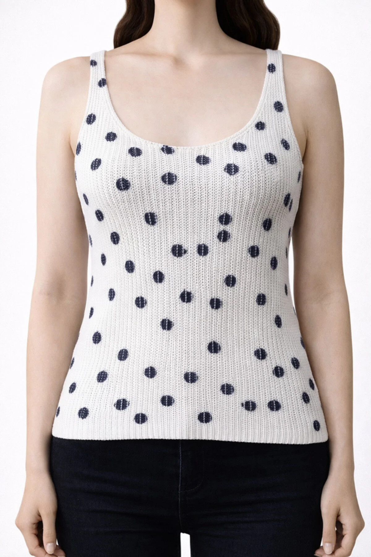 20 Siyah Nokta Desenli Kolsuz Yumuşak Triko Yazlık Bluz - Görsel 1