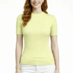 Bisiklet Yaka Fitilli Kısa Kol Triko Bluz - Açık Yeşil