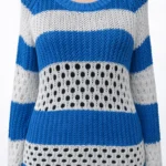 Mavi Beyaz Kalın Çizgili ve Ajurlu Kadın Triko Bluz