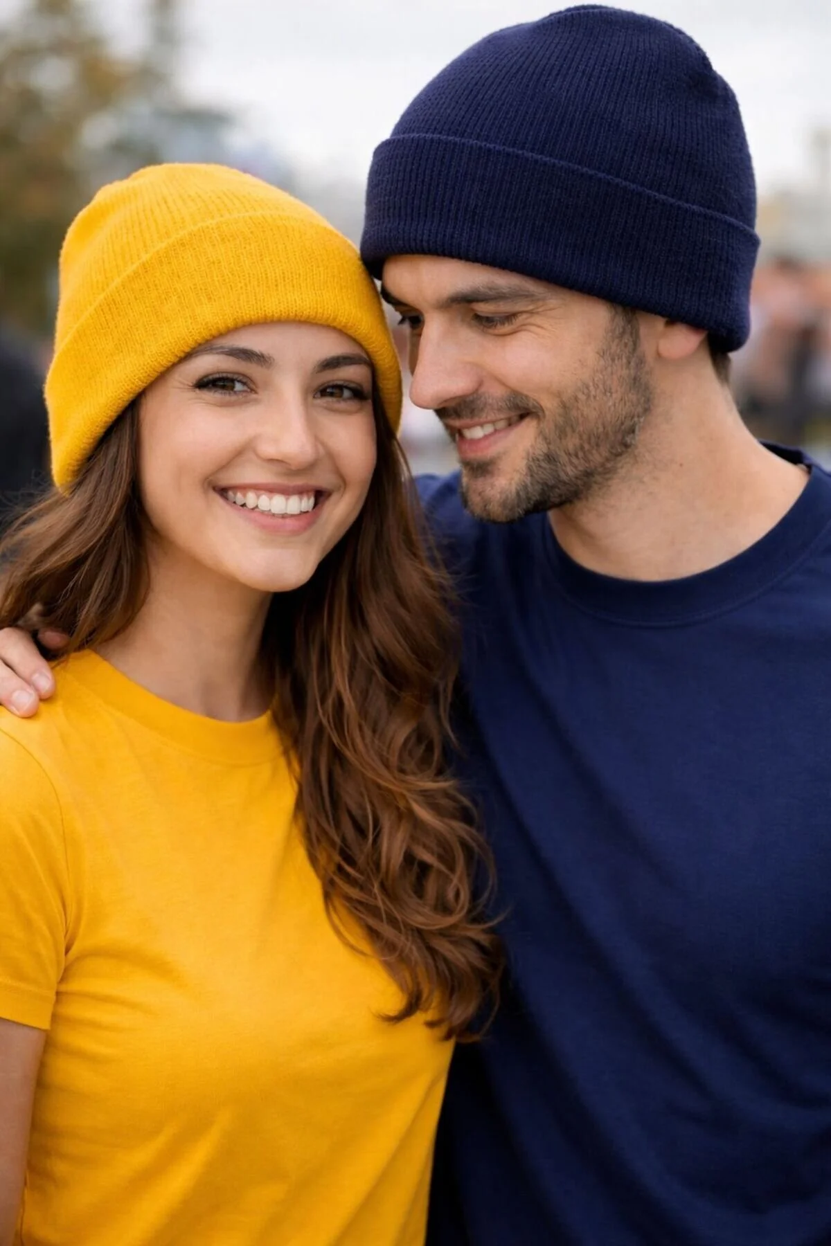 36 Çiftlere Özel 2'li Bere Seti Sarı Lacivert - Görsel 1