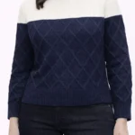 Lacivert Ekru Renk Bloklu Yarım Boğaz Baklava Desen Triko Kazak