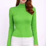 Çizgili Uzun Kollu Yarım Boğazlı Fitilli Kazak - Açık Yeşil