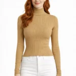 Çizgili Uzun Kollu Yarım Boğazlı Fitilli Kazak - Bej