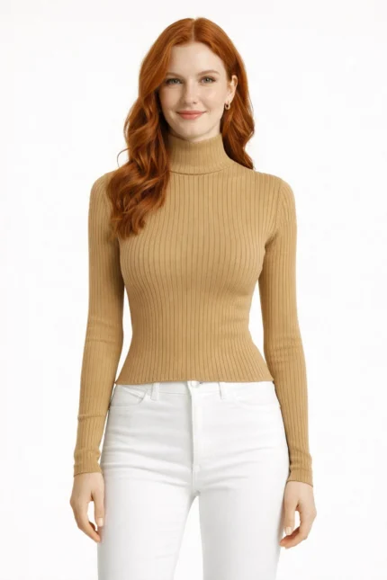 Çizgili Uzun Kollu Yarım Boğazlı Fitilli Kazak - Bej