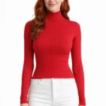 Çizgili Uzun Kollu Yarım Boğazlı Fitilli Kazak - Kırmızı