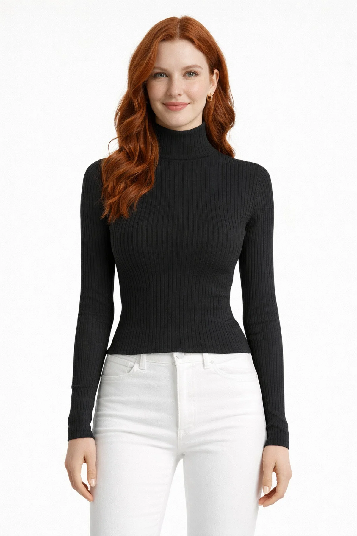 47 Çizgili Uzun Kollu Yarım Boğazlı Fitilli Kazak - Siyah - Görsel 1