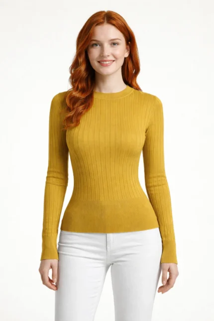 Bisiklet Yaka Fitilli Triko Kazak - Safran