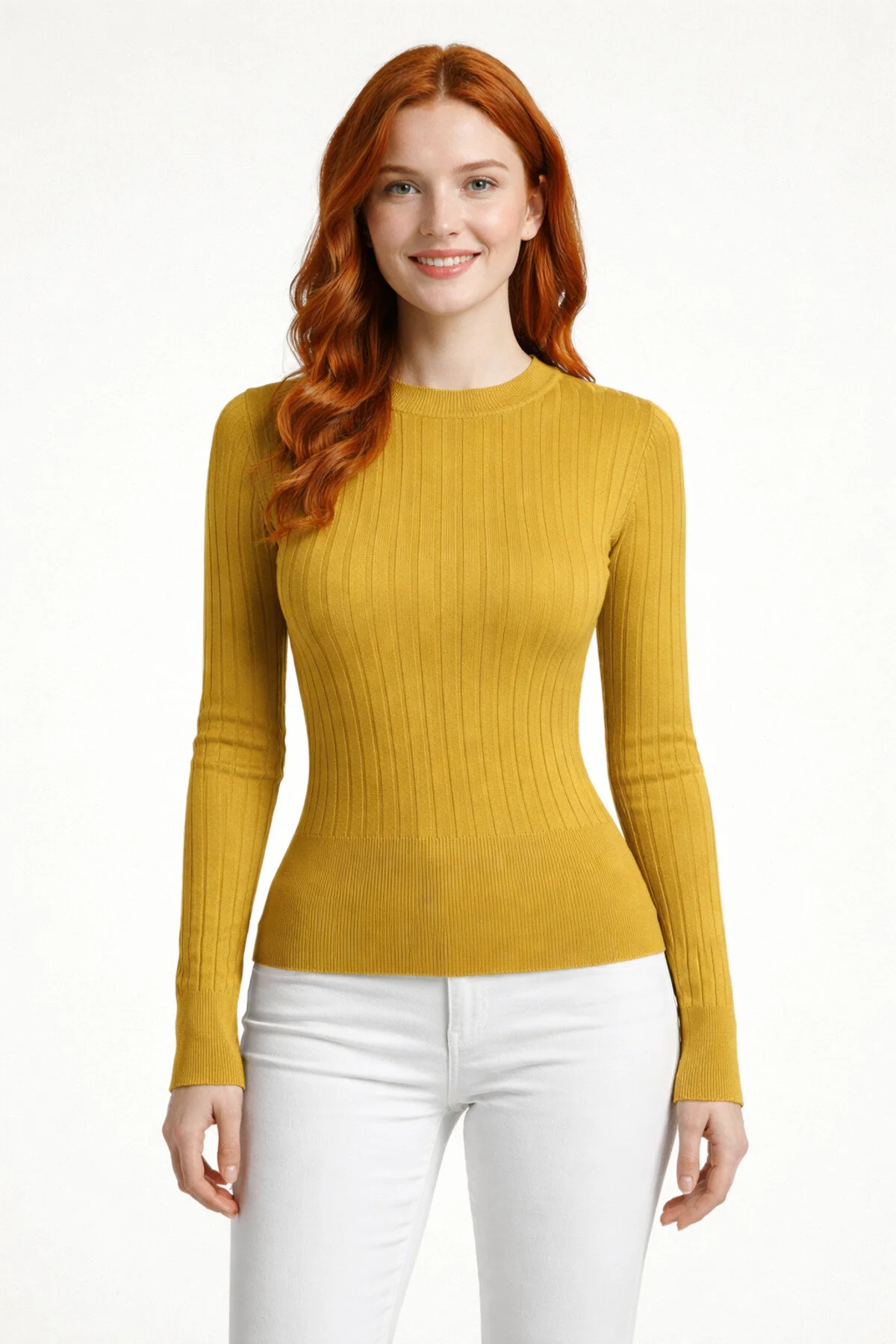 59 Bisiklet Yaka Fitilli Triko Kazak - Safran - Görsel 1