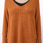 Kiremit Rengi V Yaka ve Yırtmaçlı XXL Triko Kazak