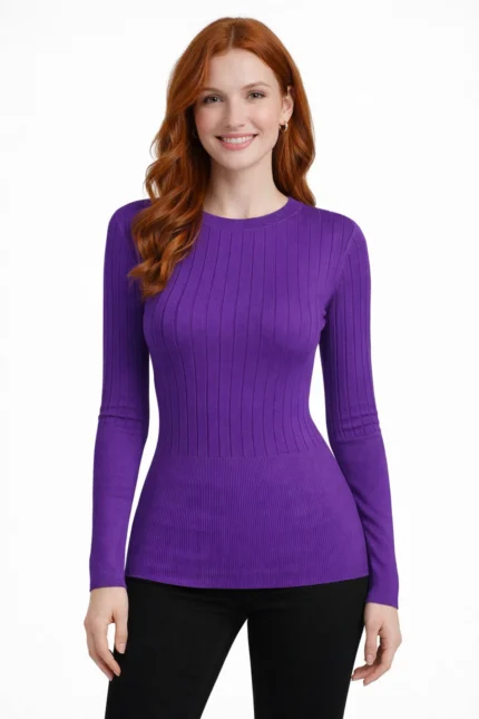 Bisiklet Yaka Fitilli Triko Kazak - Mor