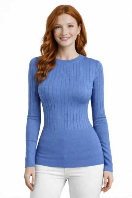 Bisiklet Yaka Fitilli Triko Kazak - Mavi