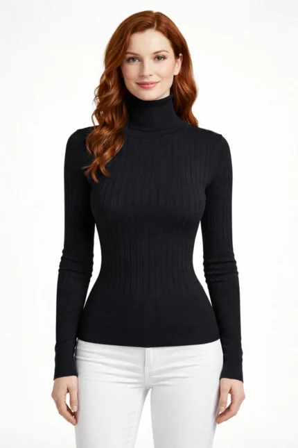 Balıkçı Yaka Fitilli Uzun Kollu Triko Kazak - Siyah