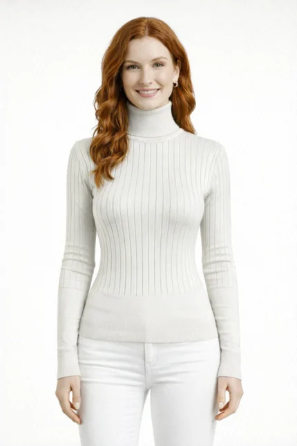 Balıkçı Yaka Fitilli Uzun Kollu Triko Kazak - Ekru