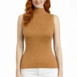 Balıkçı Yaka Fitilli Kolsuz Triko Bluz - Camel