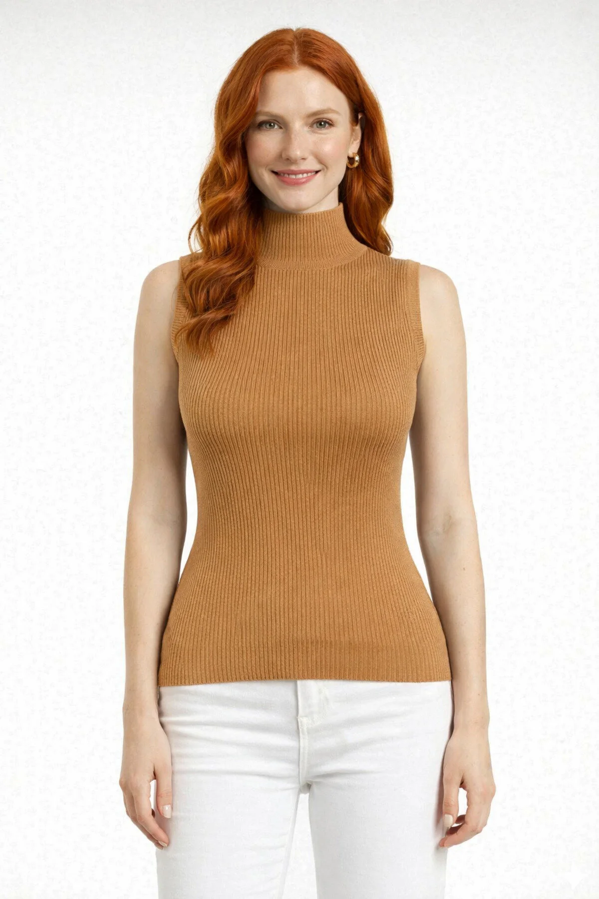 9 Balıkçı Yaka Fitilli Kolsuz Triko Bluz - Camel - Görsel 1